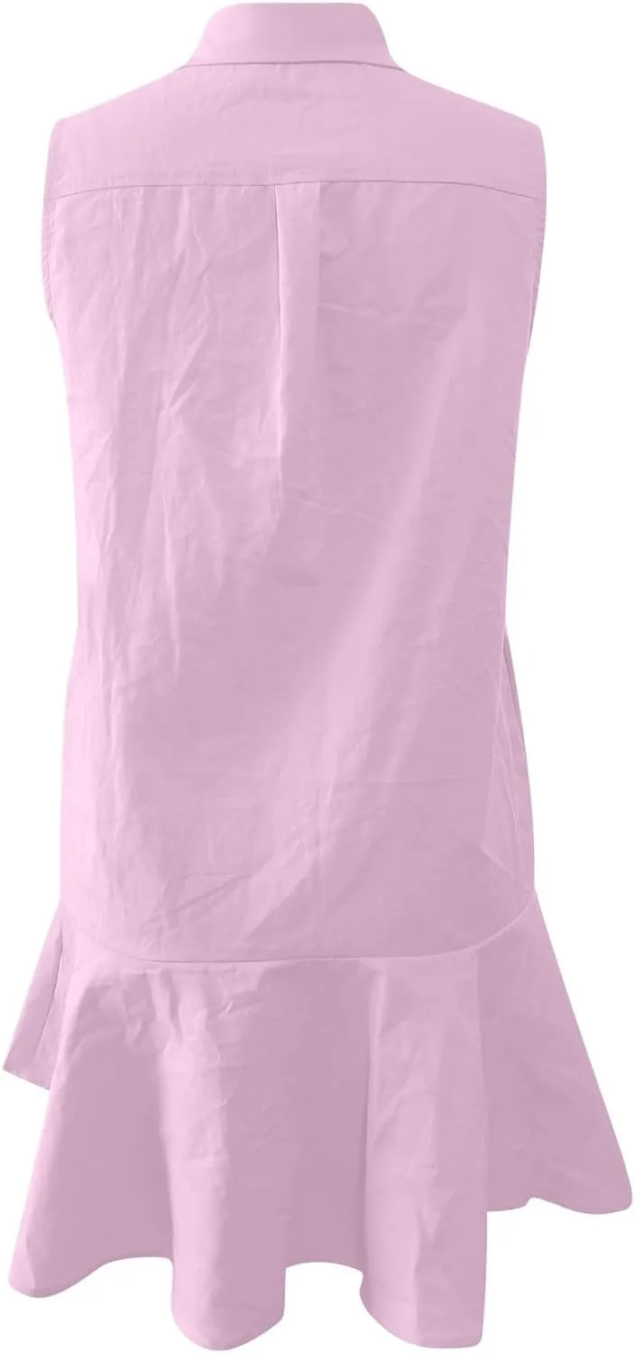PTOLOCIF Women's Tunic Mini Shirt Dress Sleeveless Cute Chambray Dress Button Up Flowy Ruffle Hem Dresses Straight