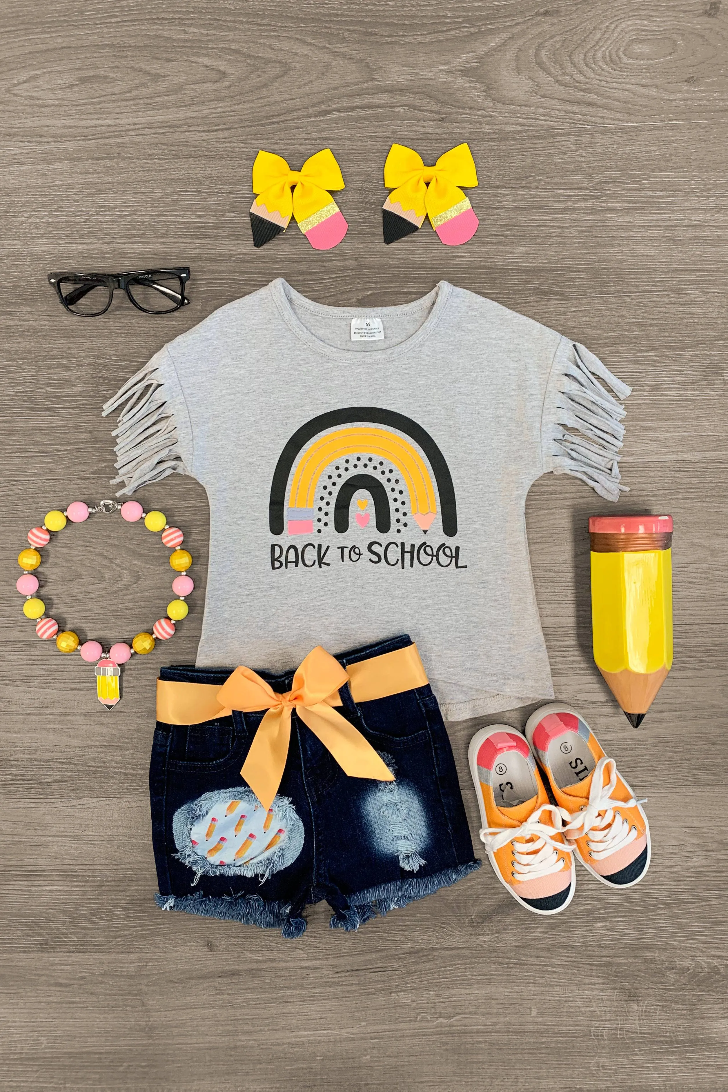 "Back To School" Rainbow Denim Short Set