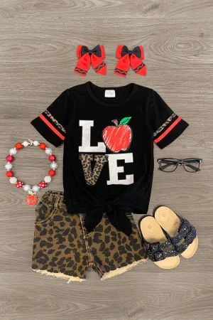 "LOVE" Tie Front Cheetah Print Denim Short Set