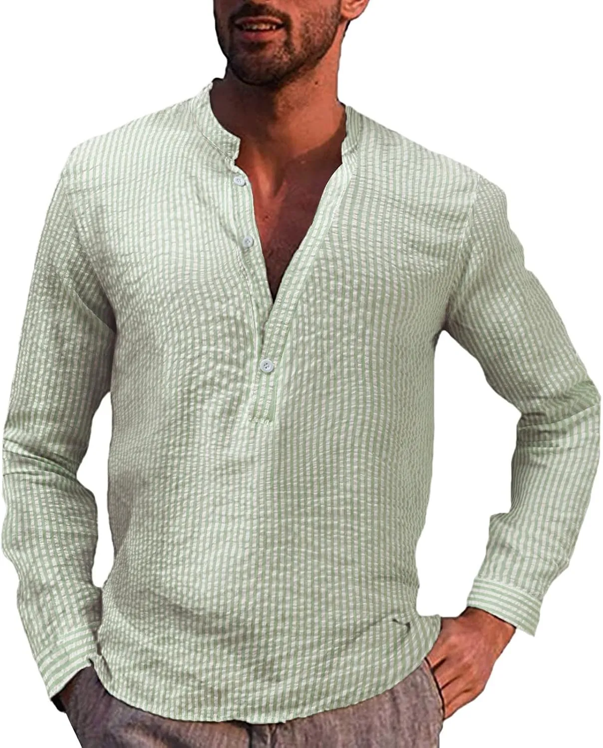 QWENTMTNTY Men's Casual Button Down Beach Shirts Long Sleeve Cotton Linen Regular Fit Striped T-Shirt Summer Basic Henleys Green
