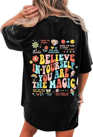 Remidoo Women's Back Graphic Oversized T Shirt Short Sleeve Tee Crewneck Casual Top