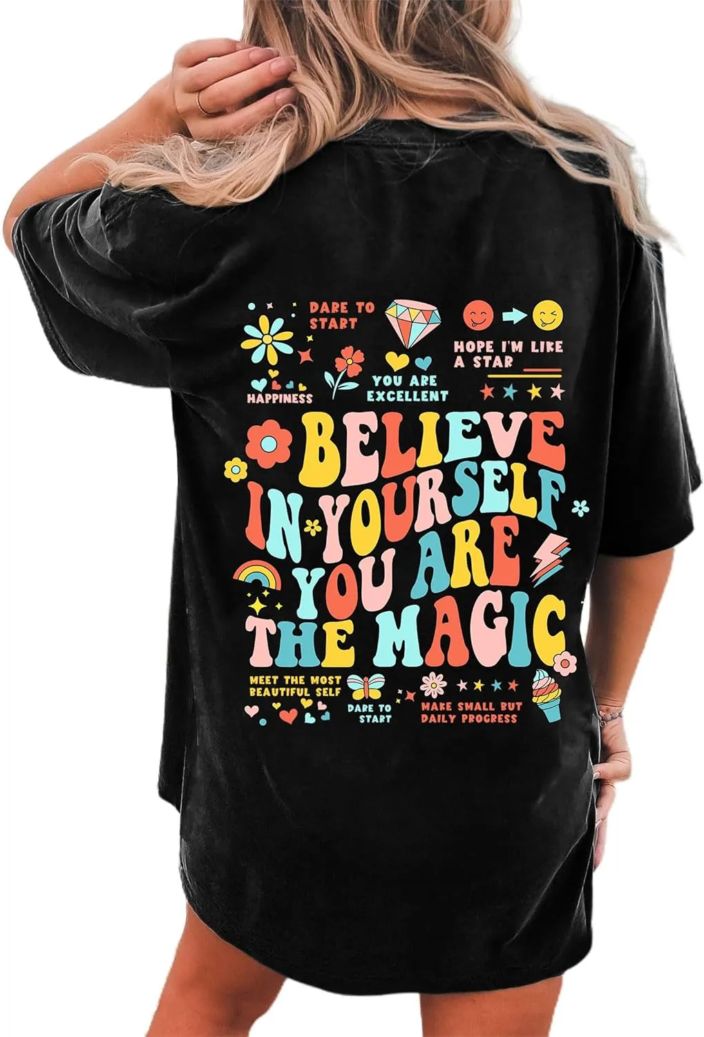 Remidoo Women's Back Graphic Oversized T Shirt Short Sleeve Tee Crewneck Casual Top