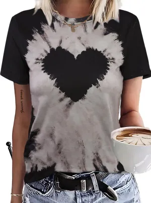 Remidoo Women's Casual Tie Dye Heart Graphic T Shirt Short Sleeve Crewneck Tee Tops