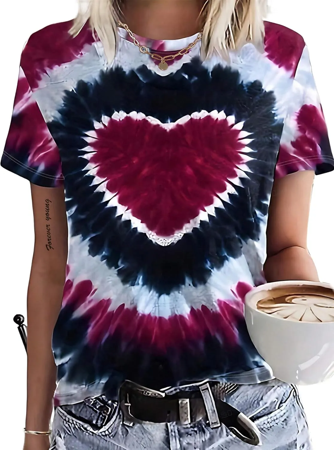 Remidoo Women's Casual Tie Dye Heart Graphic T Shirt Short Sleeve Crewneck Tee Tops