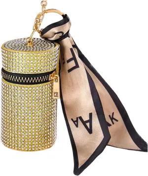 Rhinestone Bags Cylindrical Mini Rhinestone Lipstick Bag with Silk Scarf Keychain Women Portable Zipper Coin Purse Coin Bag(Gold)