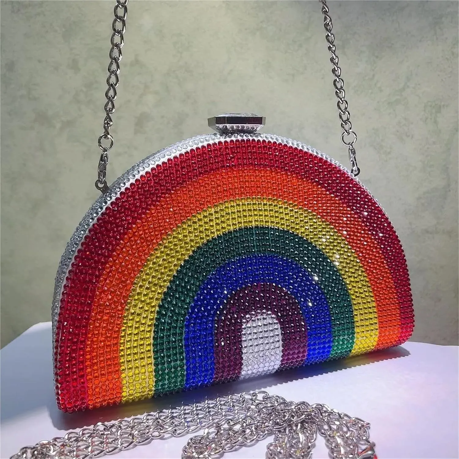 Rhinestone Bags Rainbow Color Crystal Evening Clutch Bags Wedding Party Chain Bag Women Half Moon