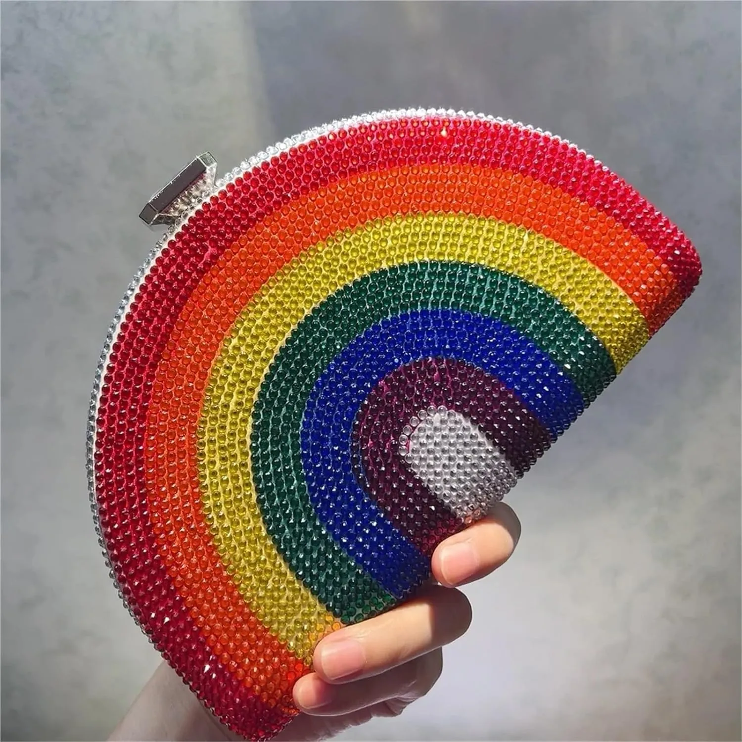 Rhinestone Bags Rainbow Color Crystal Evening Clutch Bags Wedding Party Chain Bag Women Half Moon