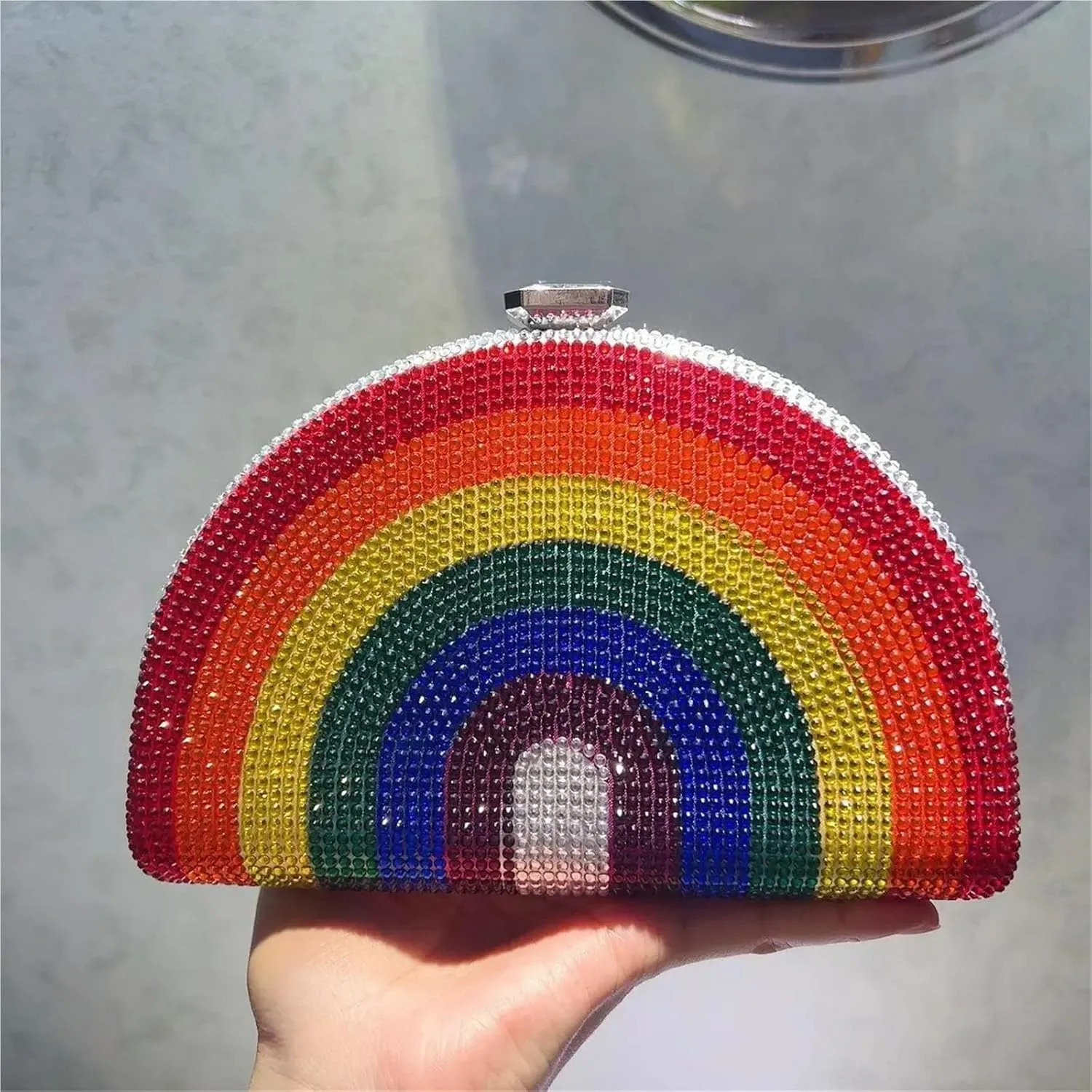 Rhinestone Bags Rainbow Color Crystal Evening Clutch Bags Wedding Party Chain Bag Women Half Moon