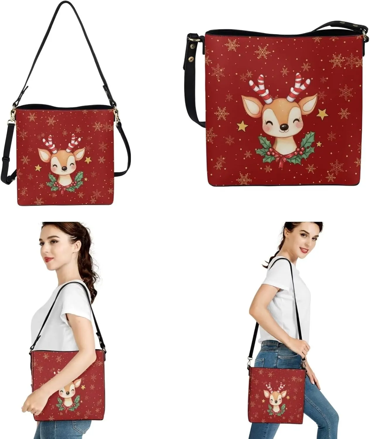 Rnyleeg Crossbody Bag for Women Leather Hobo Handbag with Pocket Bucket Bag with 2 pcs Adjustable Strap Matching Car Key Case