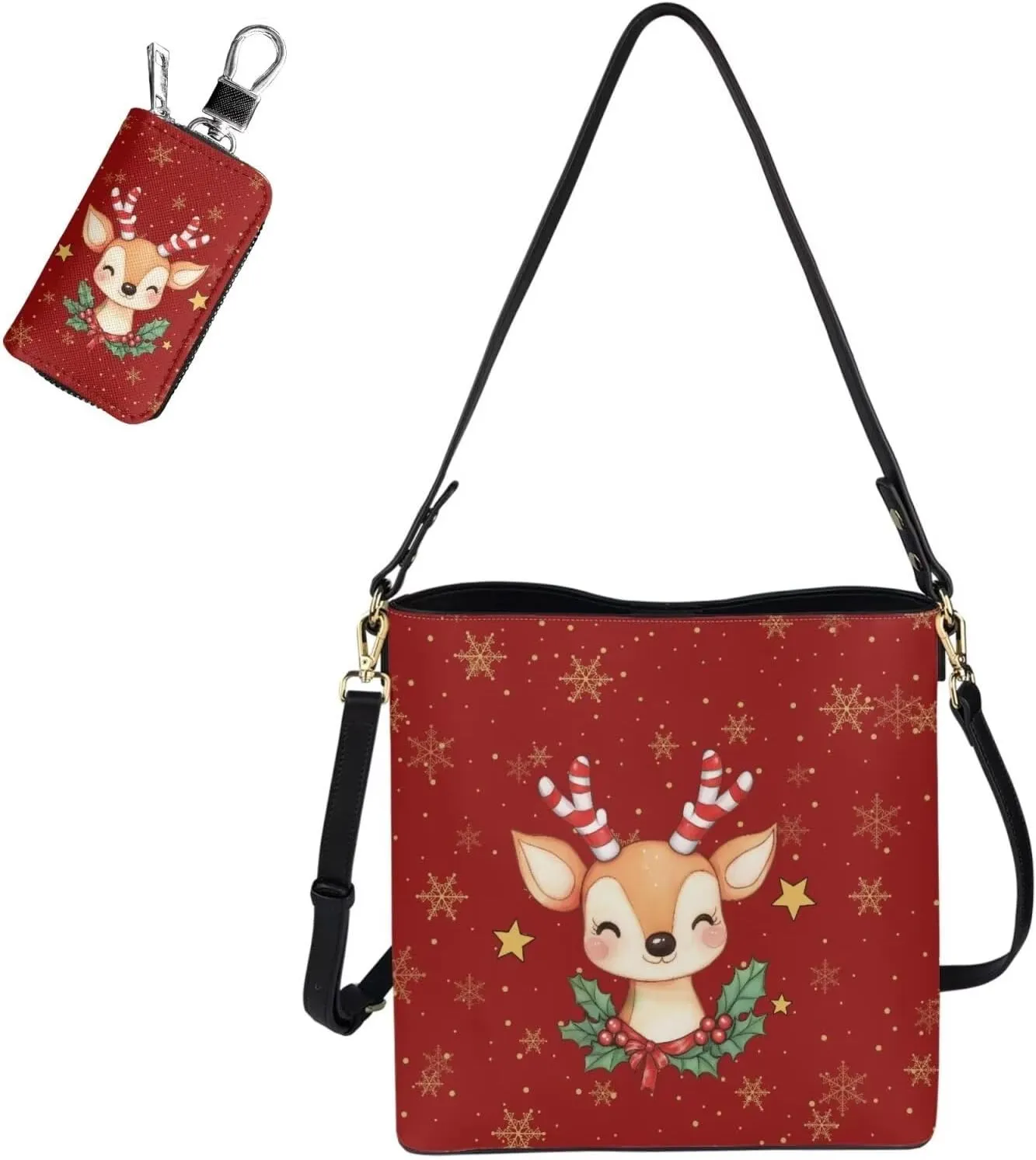 Rnyleeg Crossbody Bag for Women Leather Hobo Handbag with Pocket Bucket Bag with 2 pcs Adjustable Strap Matching Car Key Case
