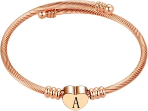 Rose Gold Initial A-Z Letter Cuff Bracelets Love Heart Bangle Bracelets Expandable Name Alphabet Stainless Steel Jewelry for Women