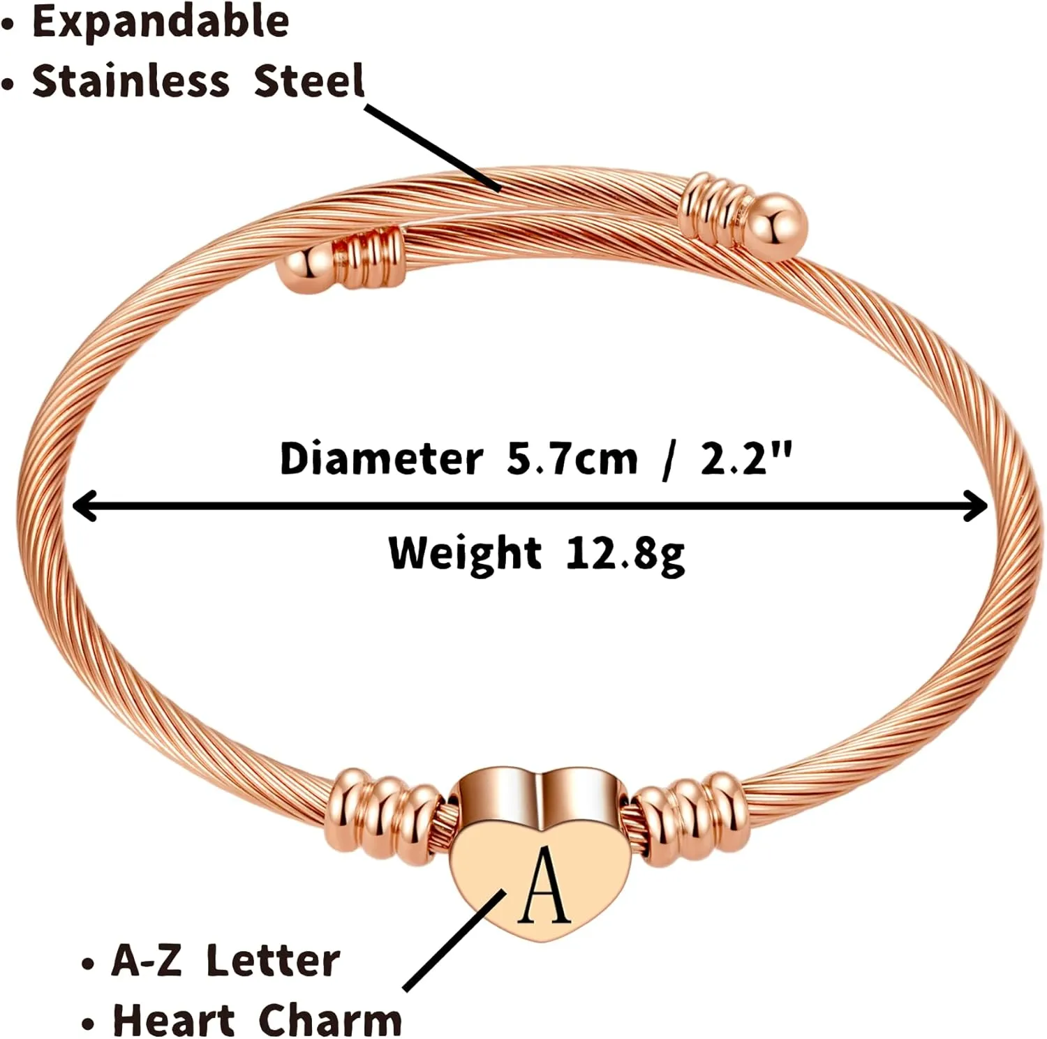Rose Gold Initial A-Z Letter Cuff Bracelets Love Heart Bangle Bracelets Expandable Name Alphabet Stainless Steel Jewelry for Women