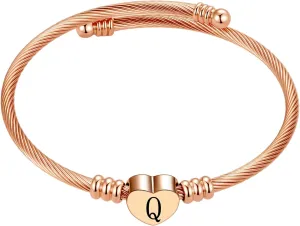Rose Gold Initial A-Z Letter Cuff Bracelets Love Heart Bangle Bracelets Expandable Name Alphabet Stainless Steel Jewelry for Women