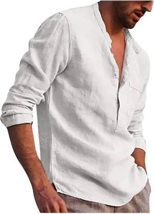 RTRDE Men's Long Sleeve Shirts Summer Casual Cotton Linen Solid Color Shirts Loose Stand Collar Shirts Tshirts, M-3XL