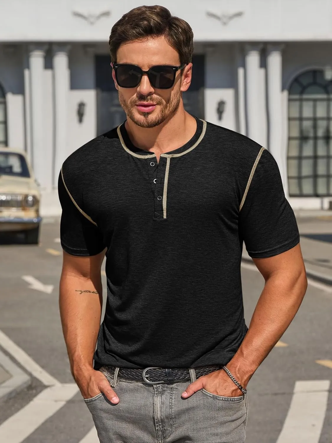 Runcati Mens Henley Shirts Short Sleeve Casual Lightweight Stretchy Basic Tee Summer Vintage T-Shirts