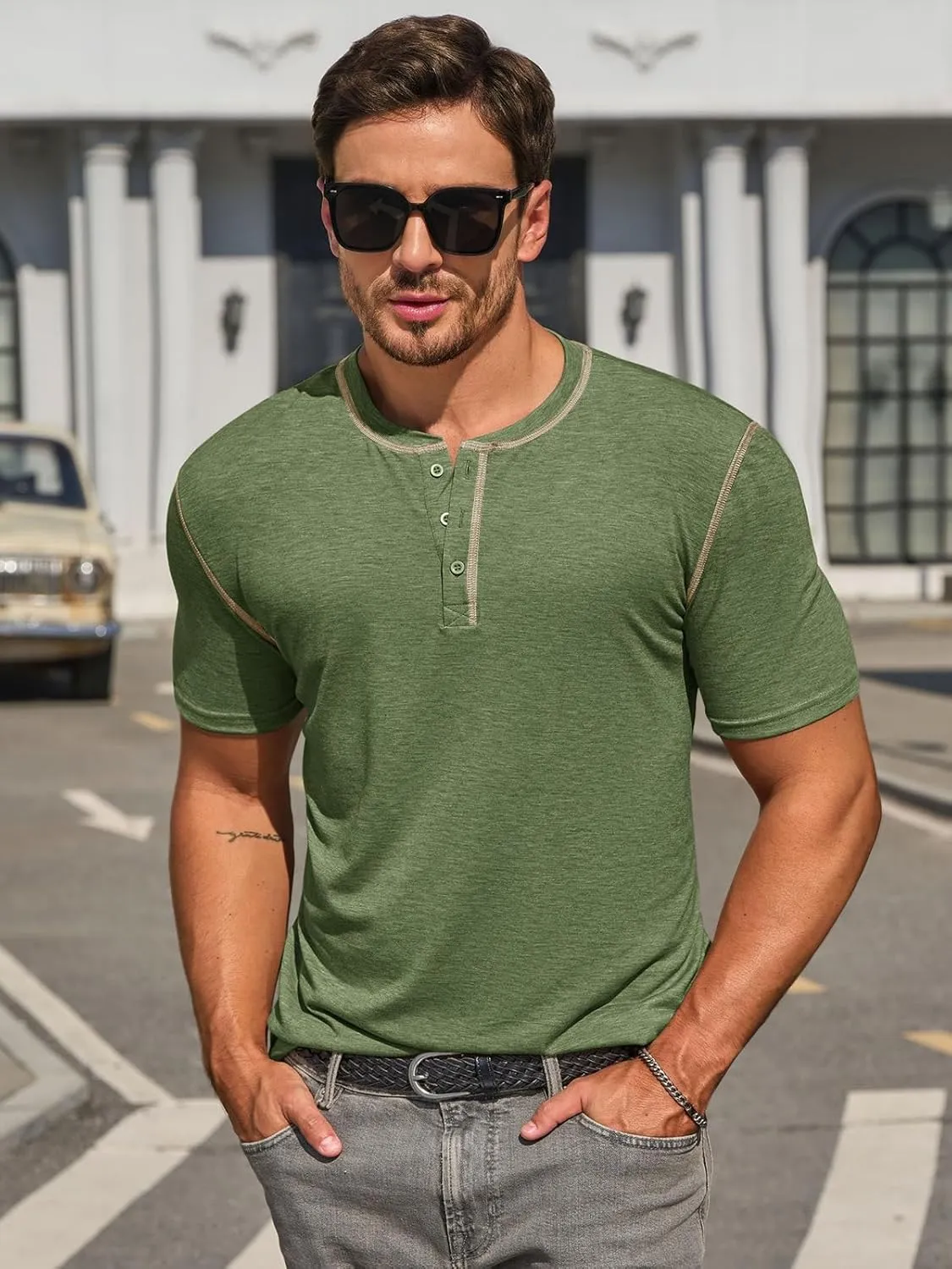 Runcati Mens Henley Shirts Short Sleeve Casual Lightweight Stretchy Basic Tee Summer Vintage T-Shirts