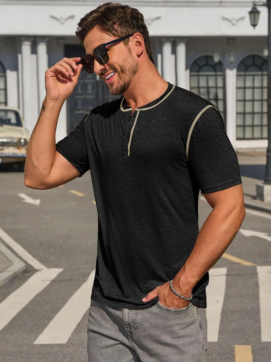 Runcati Mens Henley Shirts Short Sleeve Casual Lightweight Stretchy Basic Tee Summer Vintage T-Shirts