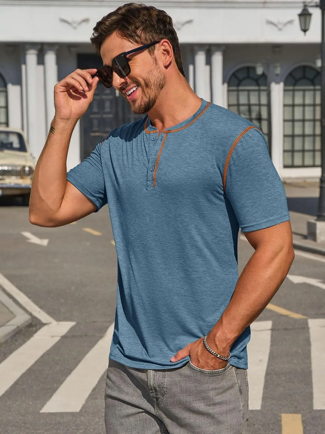 Runcati Mens Henley Shirts Short Sleeve Casual Lightweight Stretchy Basic Tee Summer Vintage T-Shirts