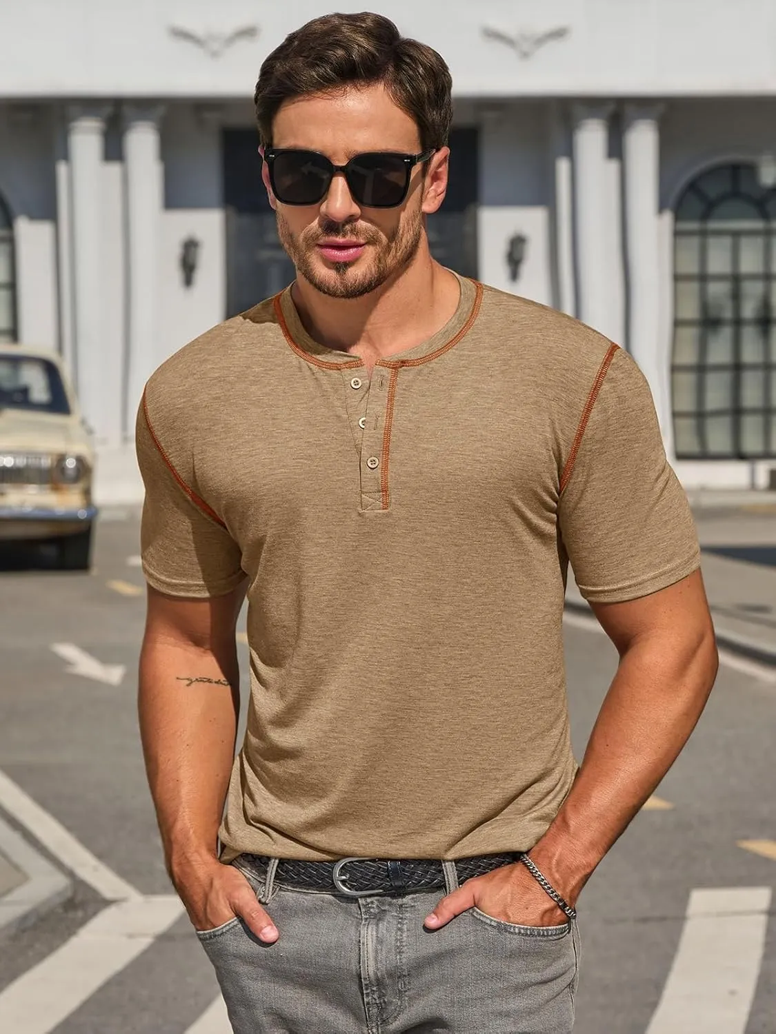 Runcati Mens Henley Shirts Short Sleeve Casual Lightweight Stretchy Basic Tee Summer Vintage T-Shirts