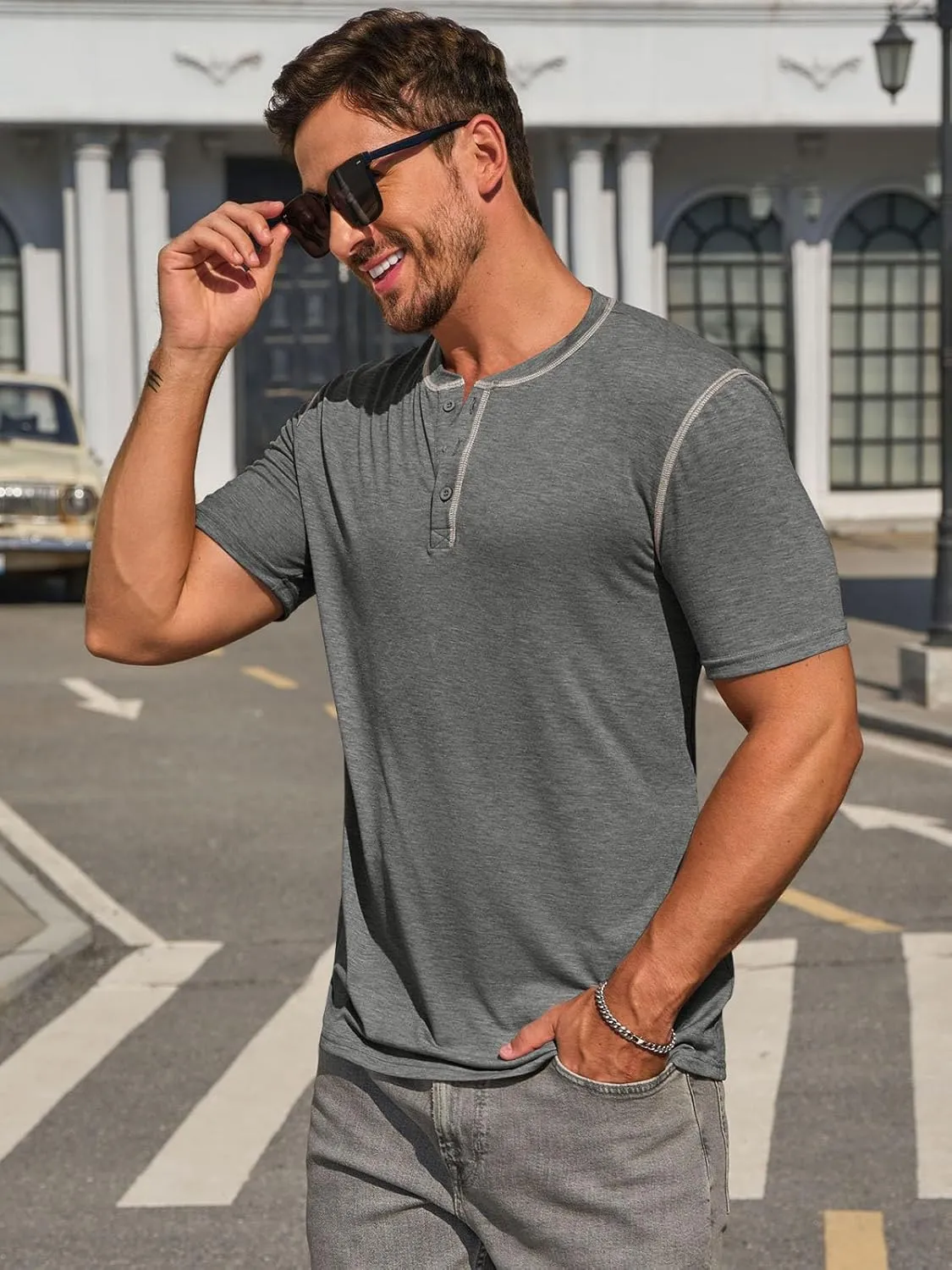 Runcati Mens Henley Shirts Short Sleeve Casual Lightweight Stretchy Basic Tee Summer Vintage T-Shirts