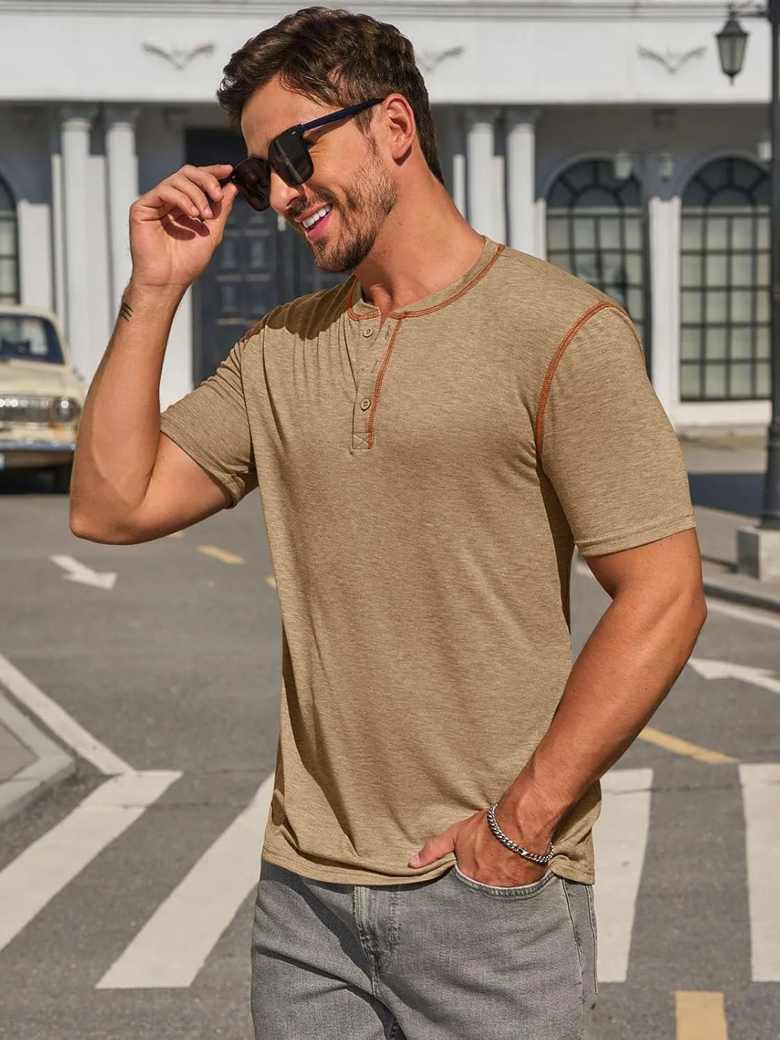 Runcati Mens Henley Shirts Short Sleeve Casual Lightweight Stretchy Basic Tee Summer Vintage T-Shirts