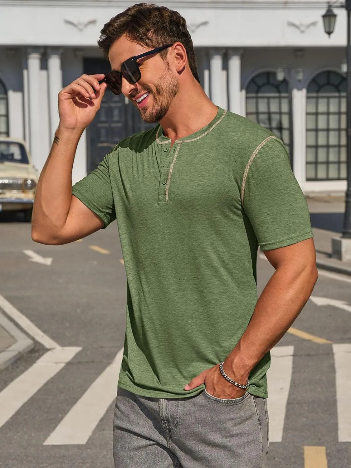 Runcati Mens Henley Shirts Short Sleeve Casual Lightweight Stretchy Basic Tee Summer Vintage T-Shirts