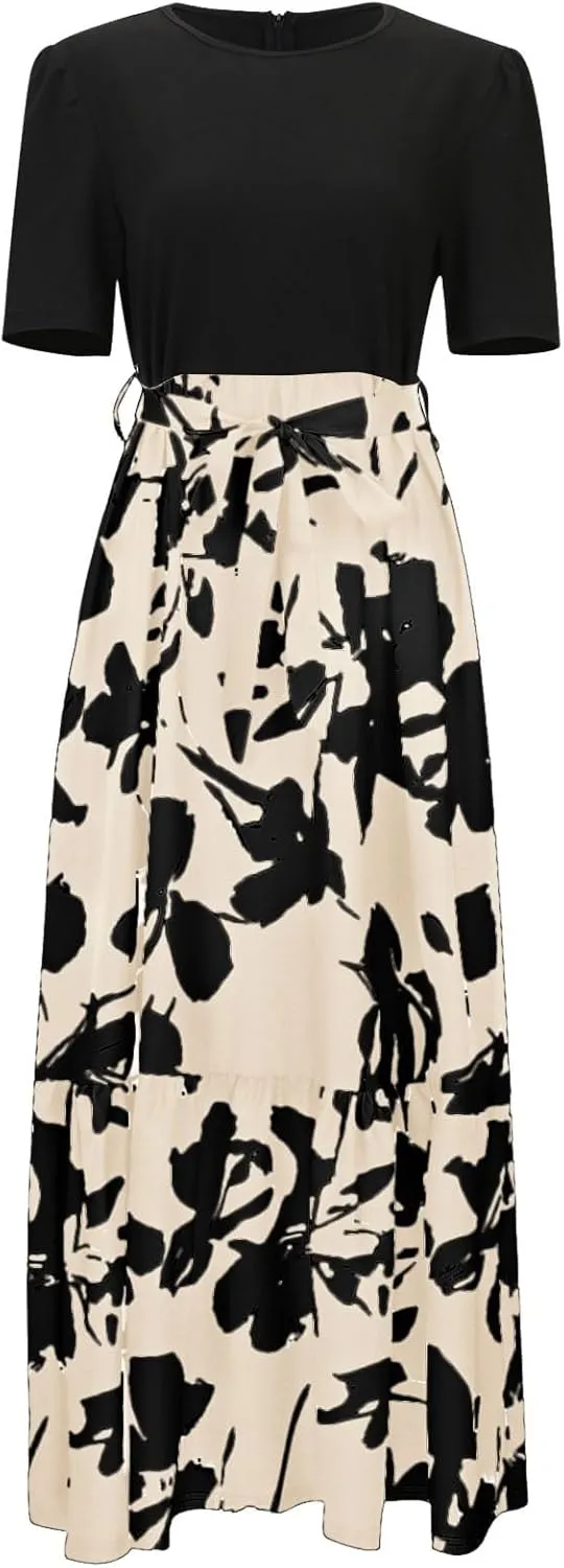 Rvidbe Summer Dresses for Women 2025 Floral Print Wrap Short Sleeve Maxi Dress Casual Patchwork Ruffle Hem A Line Sundress