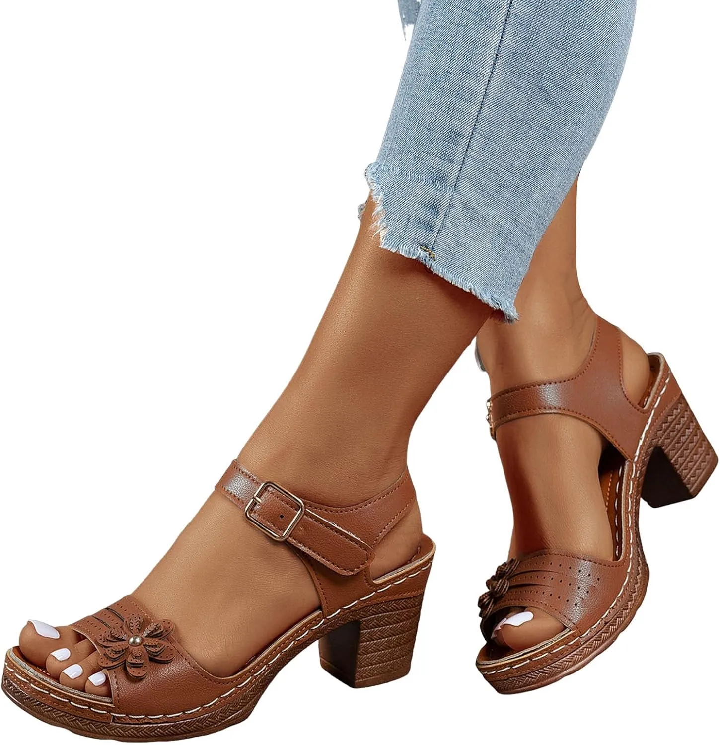 Sandals for Women Chunky Heel Ankle Strap Womens Wedge Sandals Casual Slip On Beach Open Toe Bohemian Summer Shoes