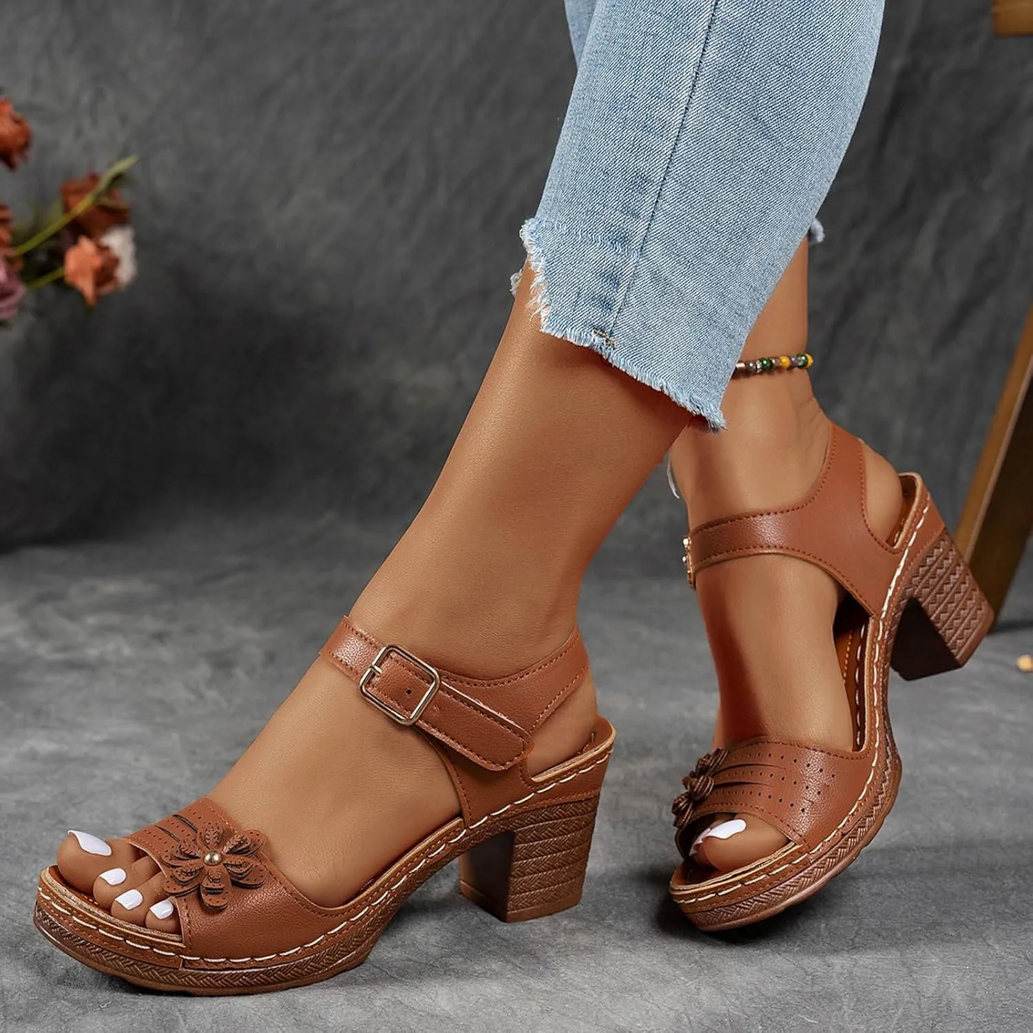 Sandals for Women Chunky Heel Ankle Strap Womens Wedge Sandals Casual Slip On Beach Open Toe Bohemian Summer Shoes