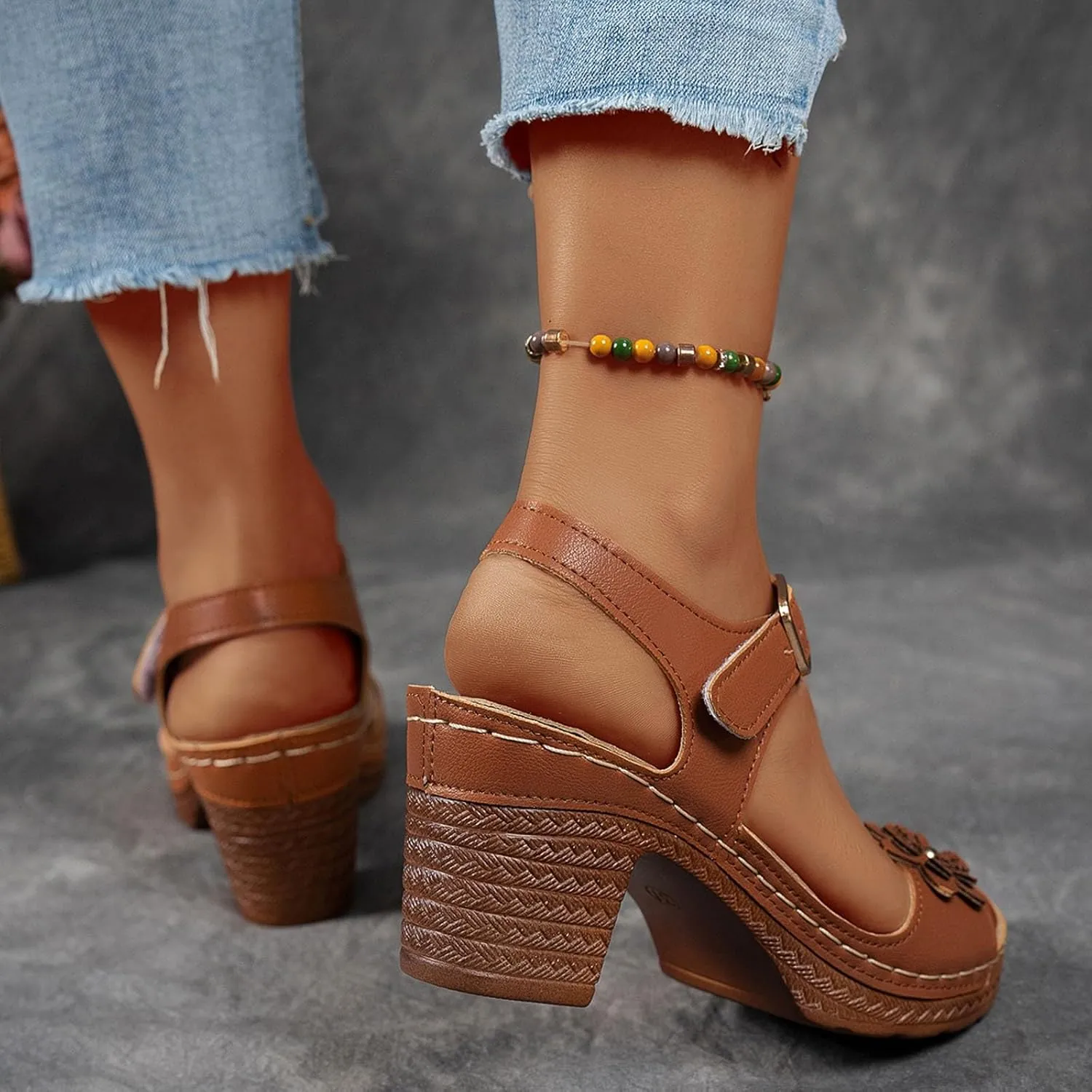 Sandals for Women Chunky Heel Ankle Strap Womens Wedge Sandals Casual Slip On Beach Open Toe Bohemian Summer Shoes