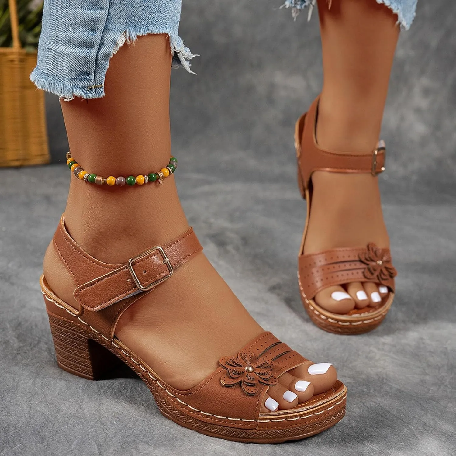 Sandals for Women Chunky Heel Ankle Strap Womens Wedge Sandals Casual Slip On Beach Open Toe Bohemian Summer Shoes