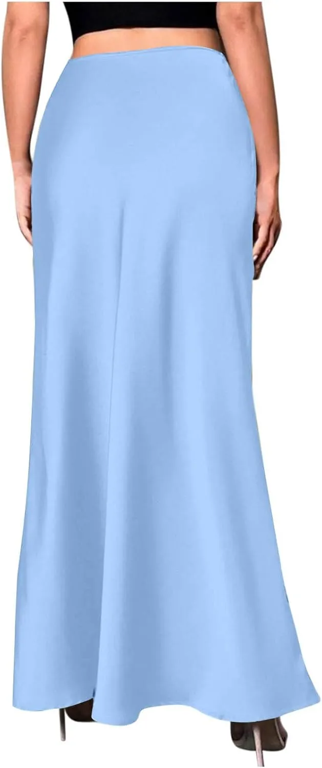 Satin Maxi Skirt Women High A-Line Long Skirt Sleek Elegant Light Blue