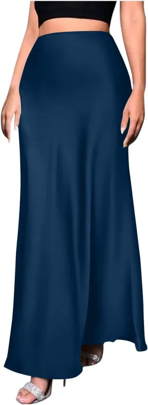 Satin Maxi Skirt Women High A-Line Long Skirt Sleek Elegant Light Blue