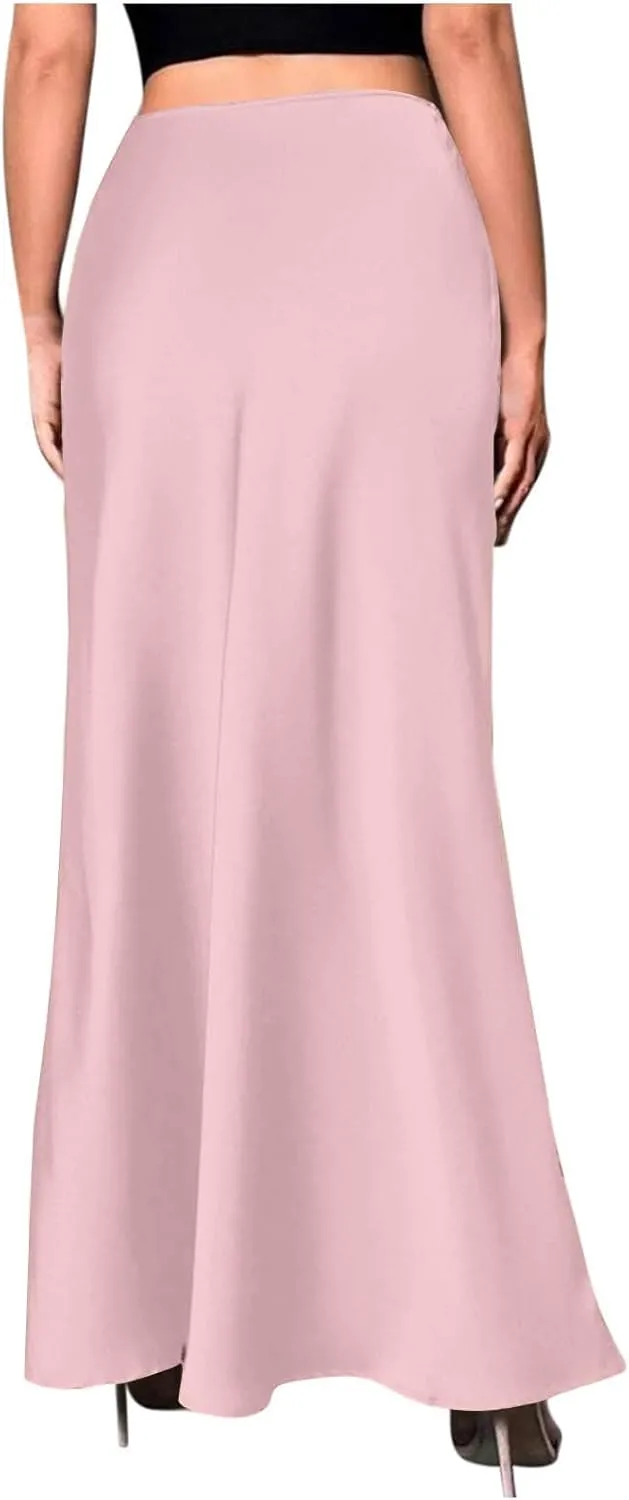 Satin Maxi Skirt Women High A-Line Long Skirt Sleek Elegant Light Blue