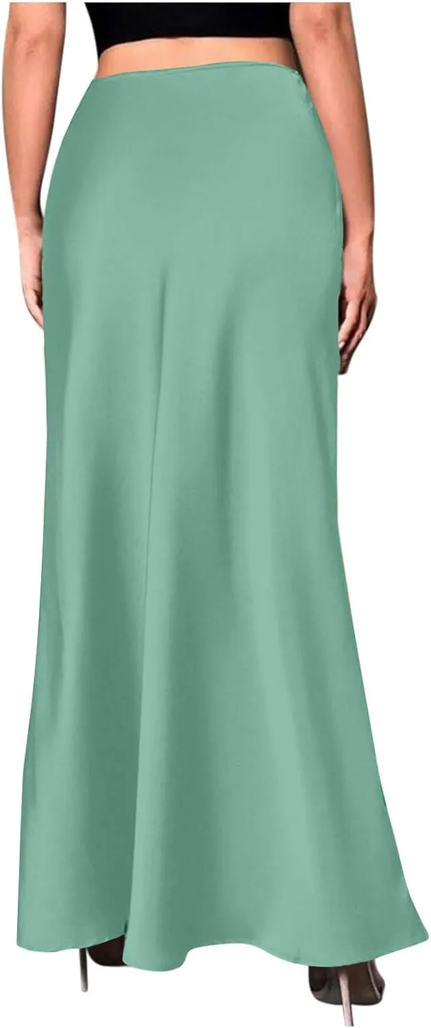 Satin Maxi Skirt Women High A-Line Long Skirt Sleek Elegant Light Blue