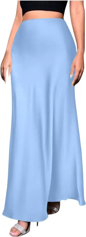 Satin Maxi Skirt Women High A-Line Long Skirt Sleek Elegant Light Blue