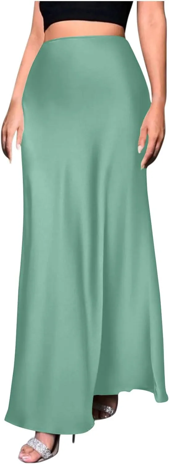 Satin Maxi Skirt Women High A-Line Long Skirt Sleek Elegant Light Blue
