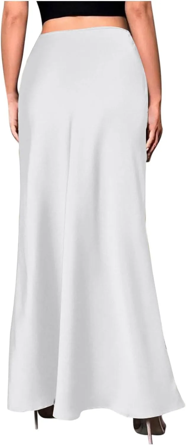 Satin Maxi Skirt Women High A-Line Long Skirt Sleek Elegant Light Blue