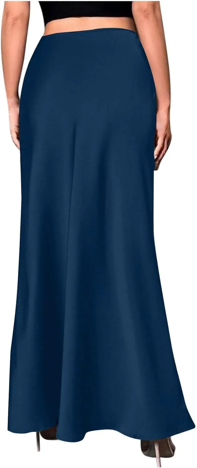 Satin Maxi Skirt Women High A-Line Long Skirt Sleek Elegant Light Blue