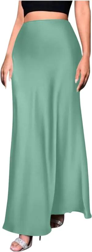 Satin Maxi Skirt Women High A-Line Long Skirt Sleek Elegant Light Blue