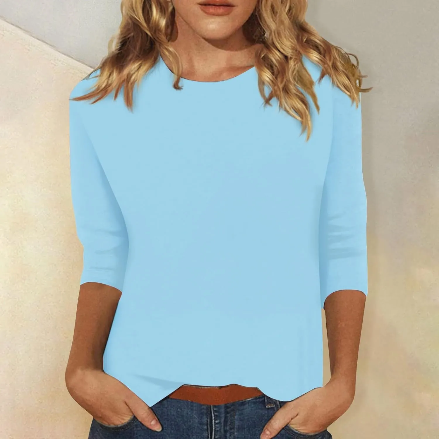 Segaven 3/4 Length Sleeve Womens Tops Trendy Solid Color Crewneck T Shirts Summer Basic Tunic Tees Casual Dressy Blouses