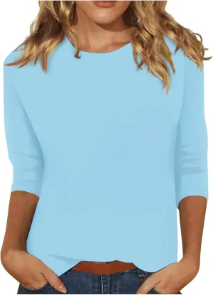 Segaven 3/4 Length Sleeve Womens Tops Trendy Solid Color Crewneck T Shirts Summer Basic Tunic Tees Casual Dressy Blouses