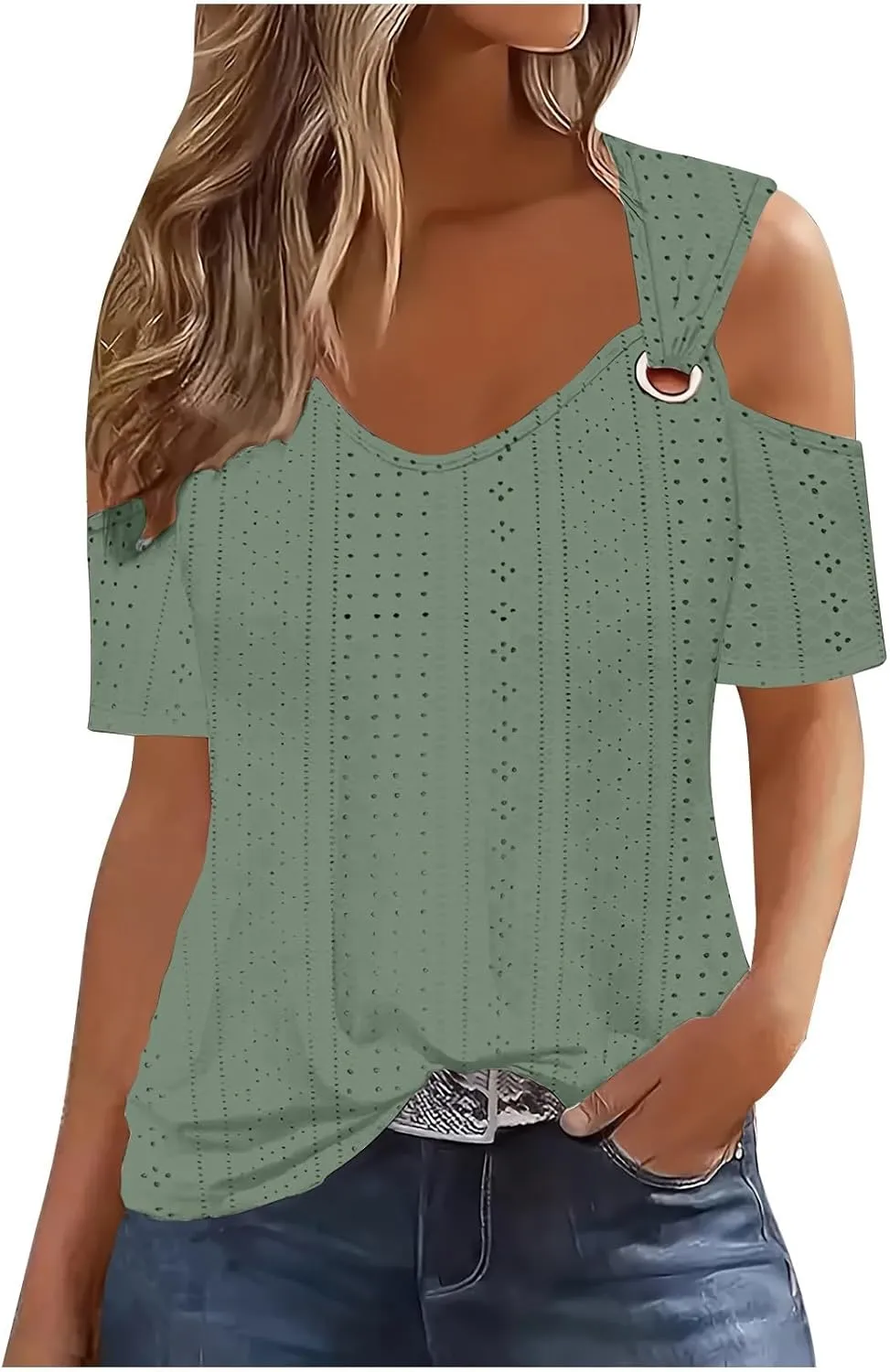 Sexy Clod Sholuder Tops for Women 2025 Summer Hollow Out Eyelet Short Sleeve T Shirts Going Out Blouses Ladies Tunic