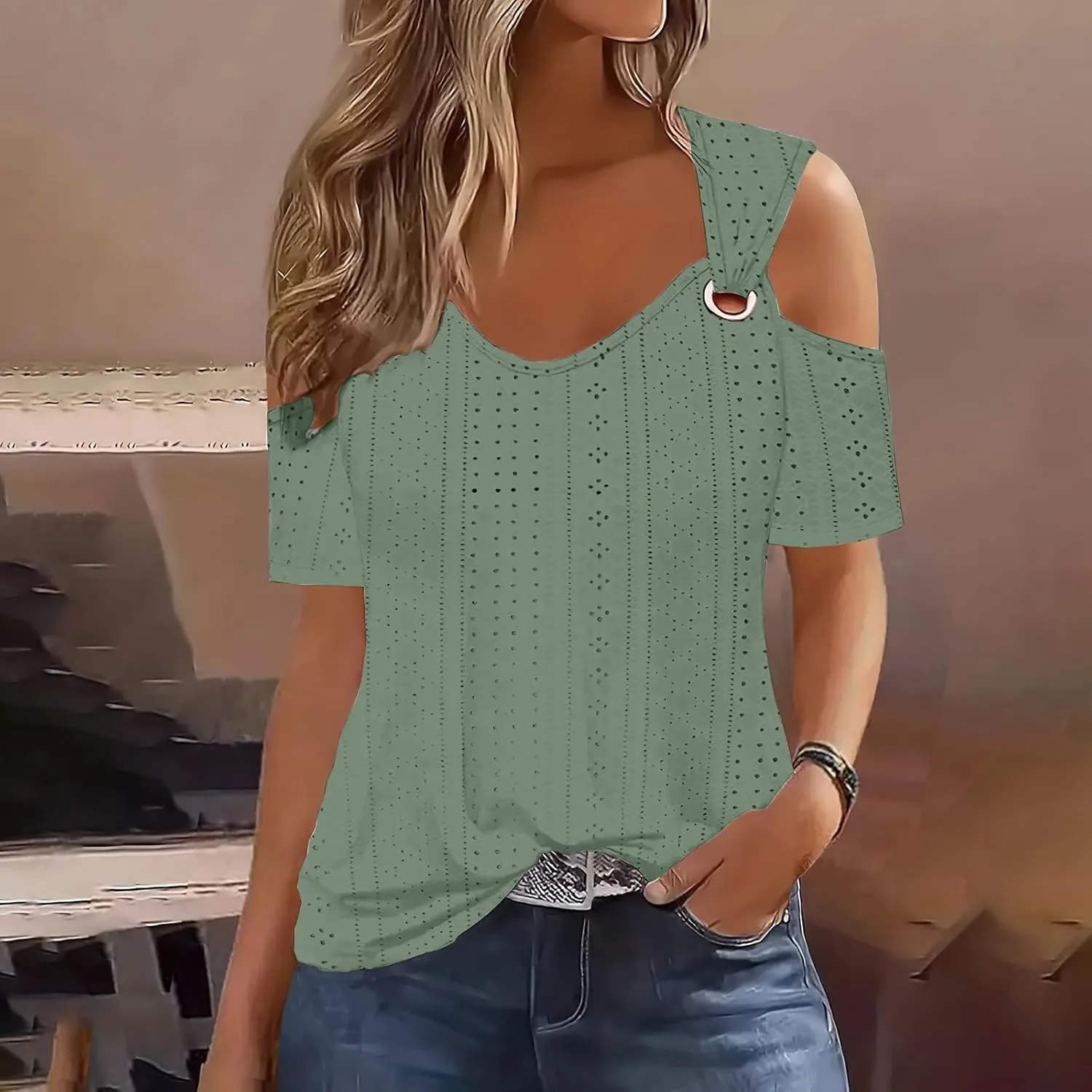 Sexy Clod Sholuder Tops for Women 2025 Summer Hollow Out Eyelet Short Sleeve T Shirts Going Out Blouses Ladies Tunic