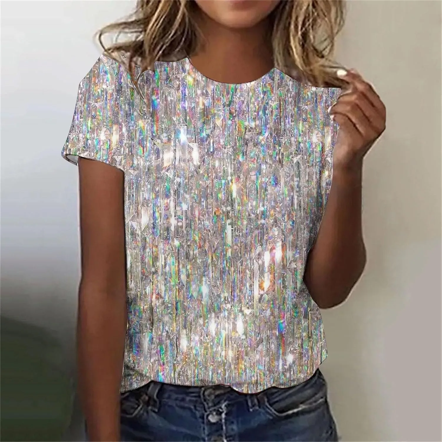 SHAOBGE Cute Summer Tops 2024 Trendy Women's Short Sleeve Sequin Print Fashionable Round Neck Casual T Shirt