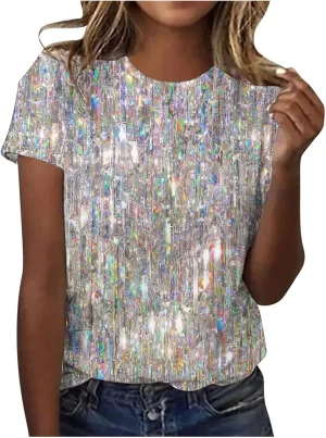 SHAOBGE Cute Summer Tops 2024 Trendy Women's Short Sleeve Sequin Print Fashionable Round Neck Casual T Shirt