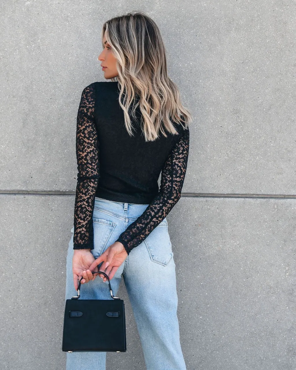 Sheer Sleeve Lace Top - Black
