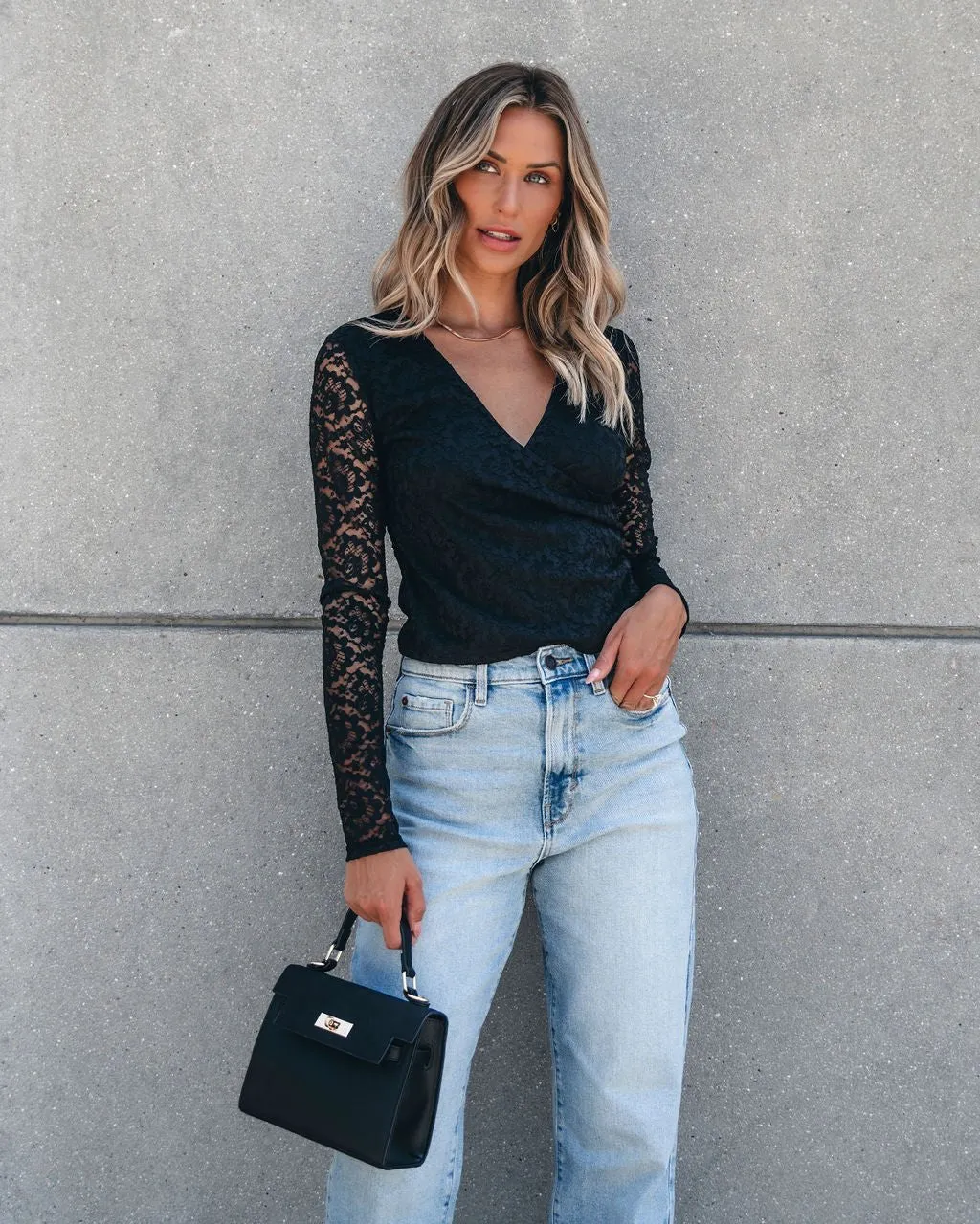 Sheer Sleeve Lace Top - Black