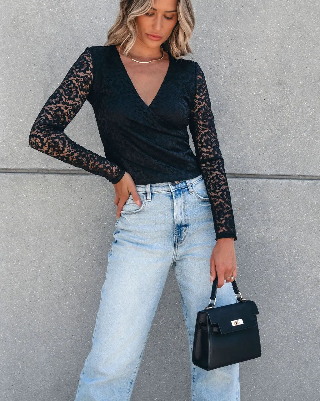 Sheer Sleeve Lace Top - Black