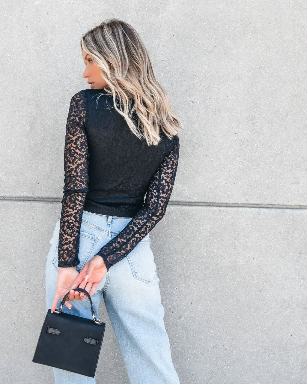 Sheer Sleeve Lace Top - Black